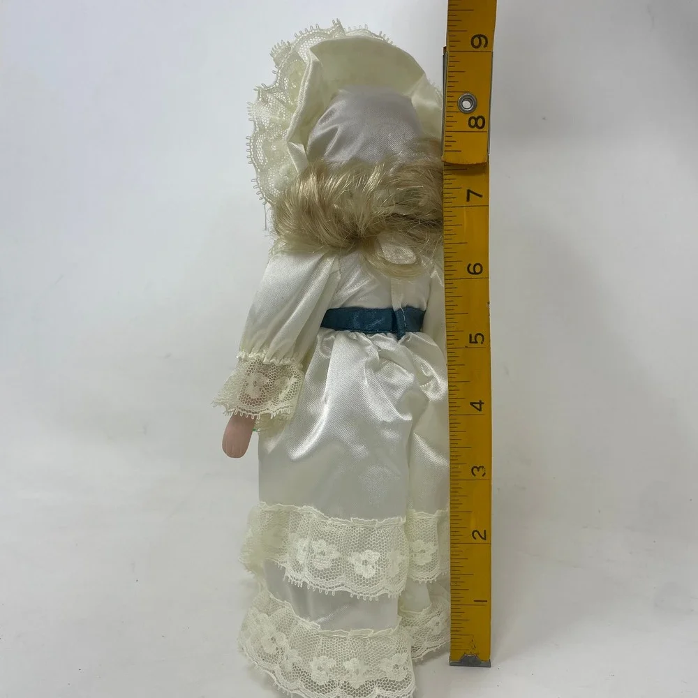 Vintage Porcelain Collector Doll 11.5 Inch Ivory Lace Satin Gown with Stand